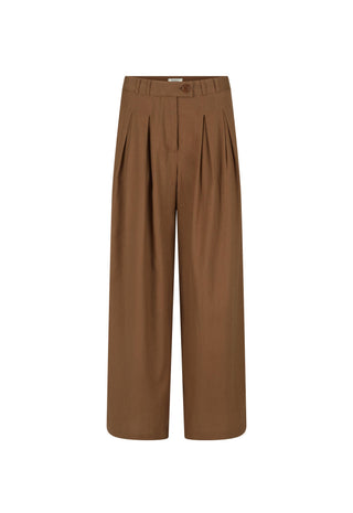 a-pair-of-high-waisted-wide-leg-cropped-trousers-in-a-solid-medium-brown-color-featuring-pleated-detailing-down-the-front-of-the-legs-shown-against-a-plain-white-background