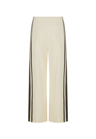 Cream wide-leg cropped trousers with dark brown vertical stripes down the outer sides, shown against a plain white background.