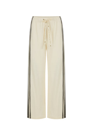 Cream wide-leg pants with double dark brown stripes down the sides and a drawstring waist, shown on a plain white background.